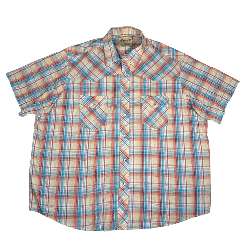 Wrangler Western Fashion Men Plaid Pearl Snap Short Sleeve Shirt Blue Orange 2XL